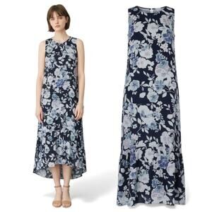 J. Jill Floral Printed Gauze Ruffle Hem Midi Dress Navy Blue Size XSP